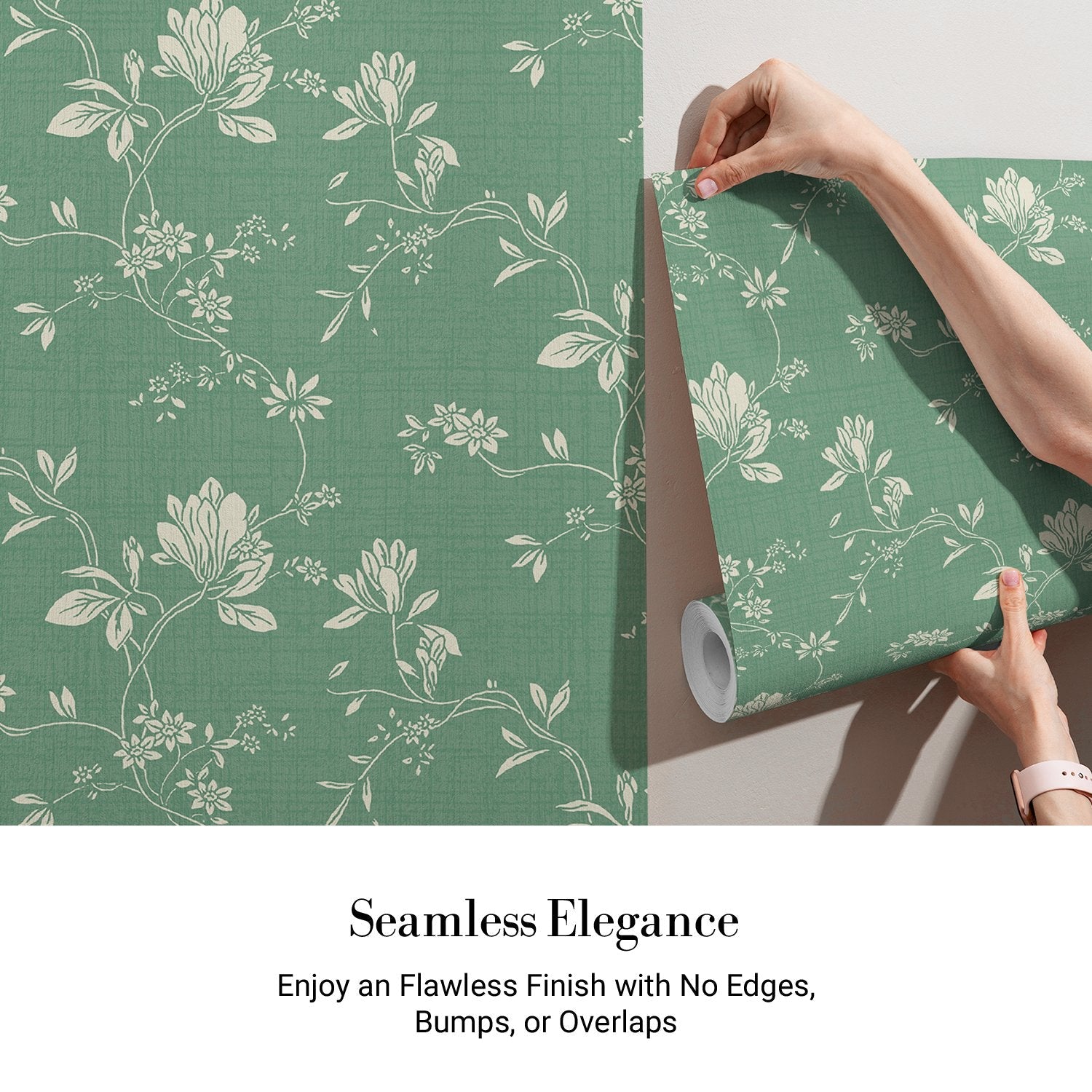 Elegant sage green wallpaper with delicate beige floral motifs and decorative border trim - view 3 - final