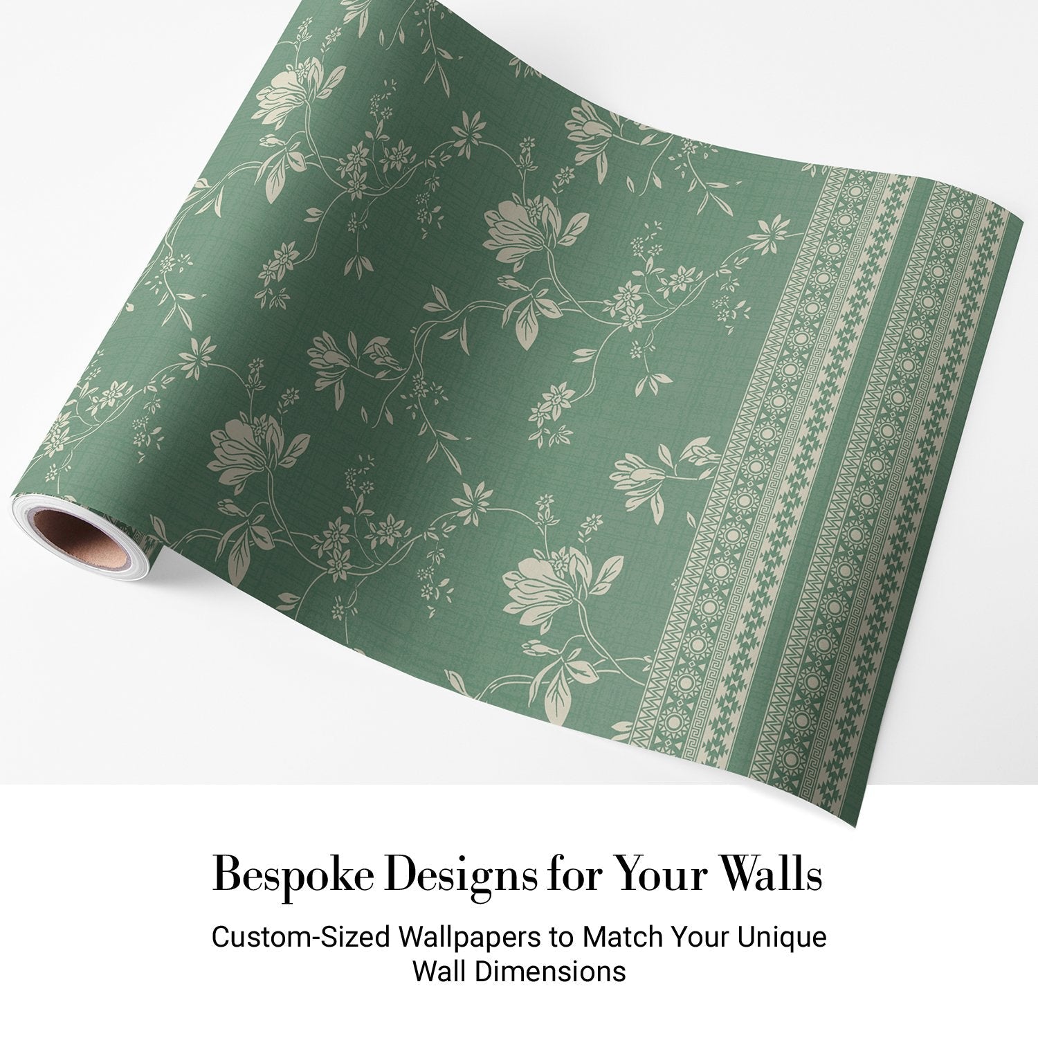 Elegant sage green wallpaper with delicate beige floral motifs and decorative border trim - view 4 - final