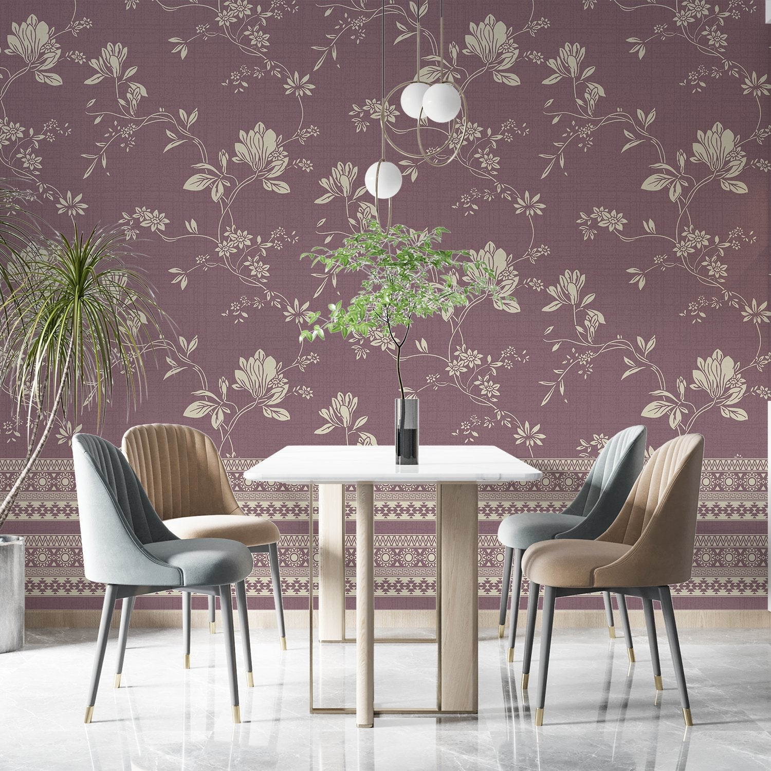 Elegant sage green wallpaper with delicate beige floral motifs and decorative border trim - view 7 - final