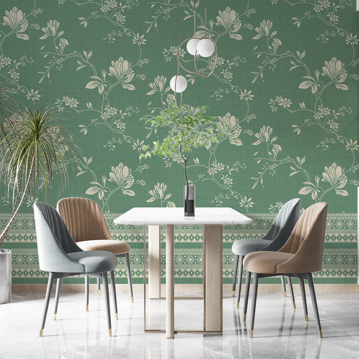 Elegant sage green wallpaper with delicate beige floral motifs and decorative border trim - final dining-room