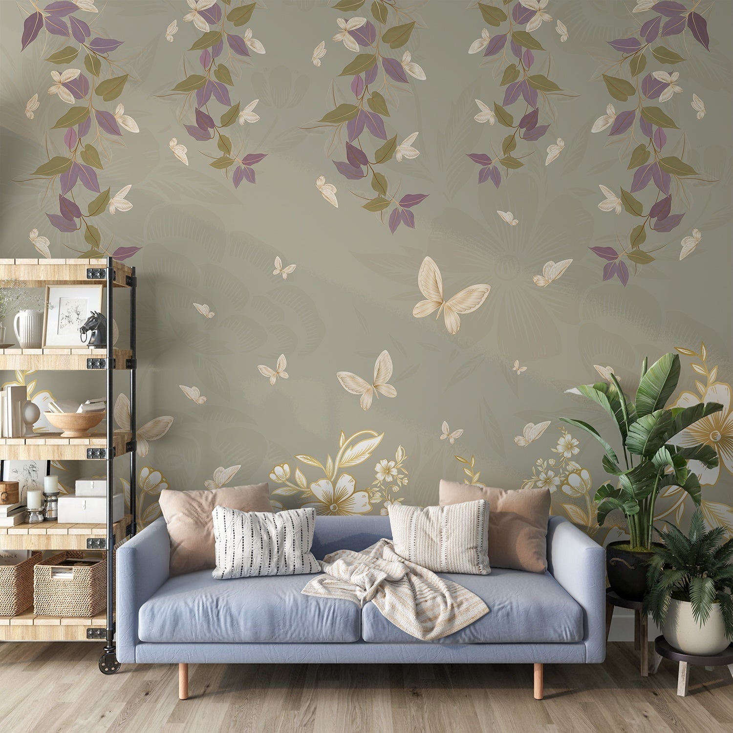 Delicate butterflies and leaves float across sage green wall in ethereal garden design - view 11 - final
