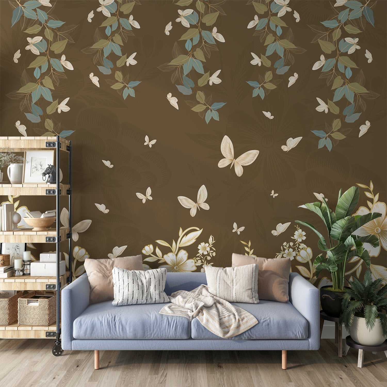 Delicate butterflies and leaves float across sage green wall in ethereal garden design - view 15 - final