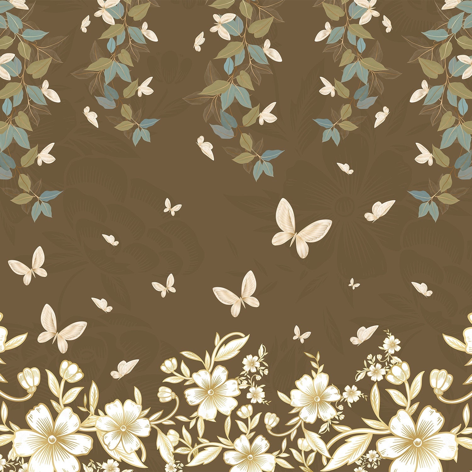 Delicate butterflies and leaves float across sage green wall in ethereal garden design - view 16 - final