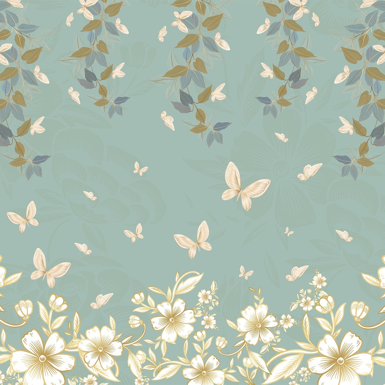 Delicate butterflies and leaves float across sage green wall in ethereal garden design - view 2 - final