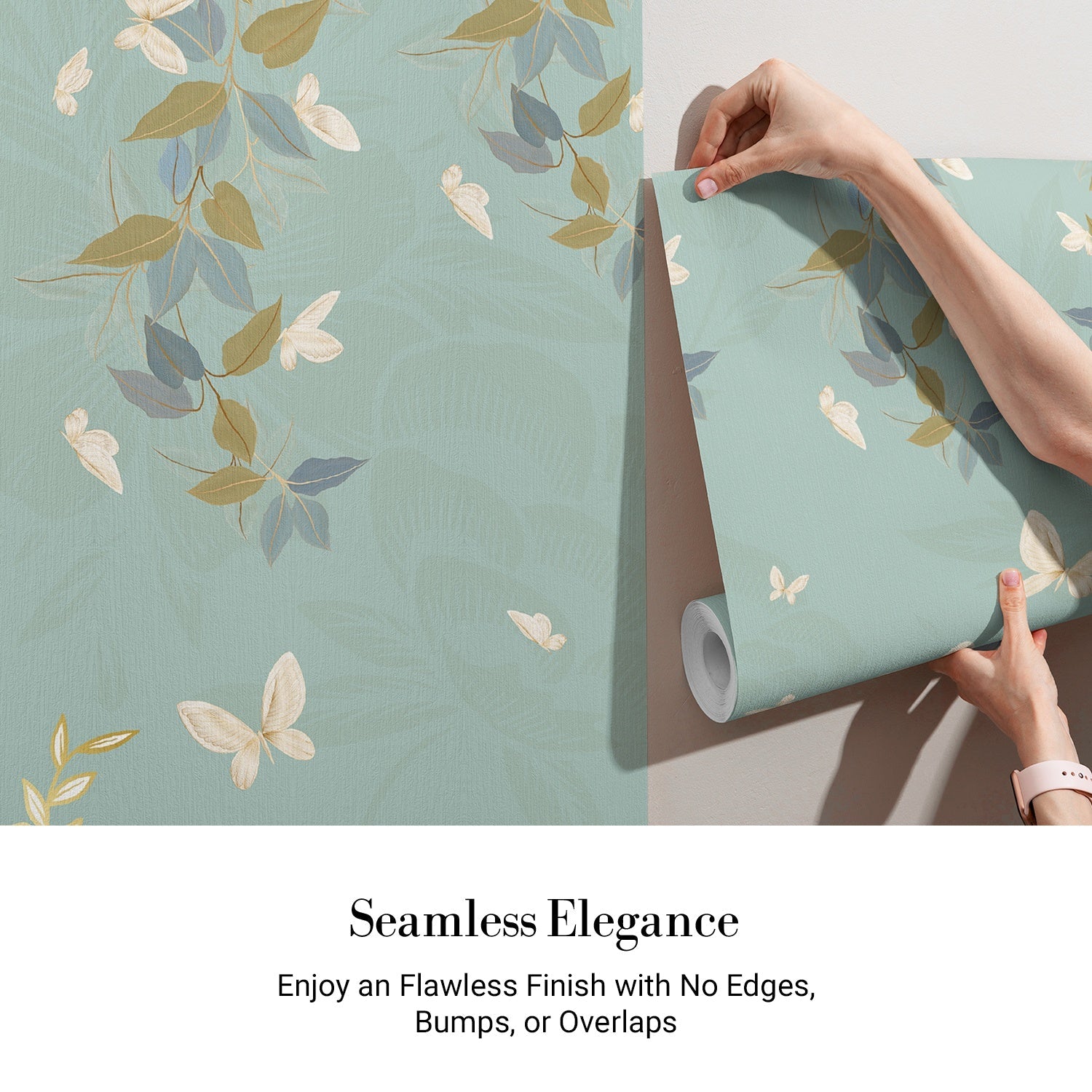 Delicate butterflies and leaves float across sage green wall in ethereal garden design - view 3 - final