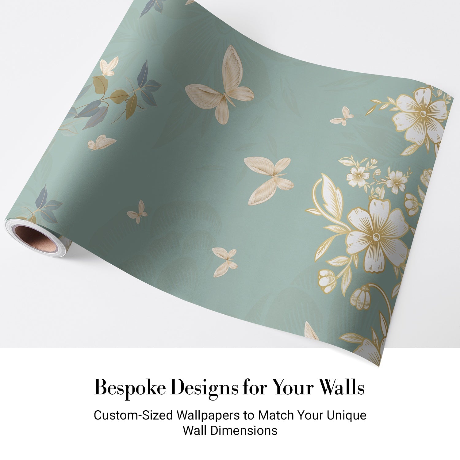 Delicate butterflies and leaves float across sage green wall in ethereal garden design - view 4 - final