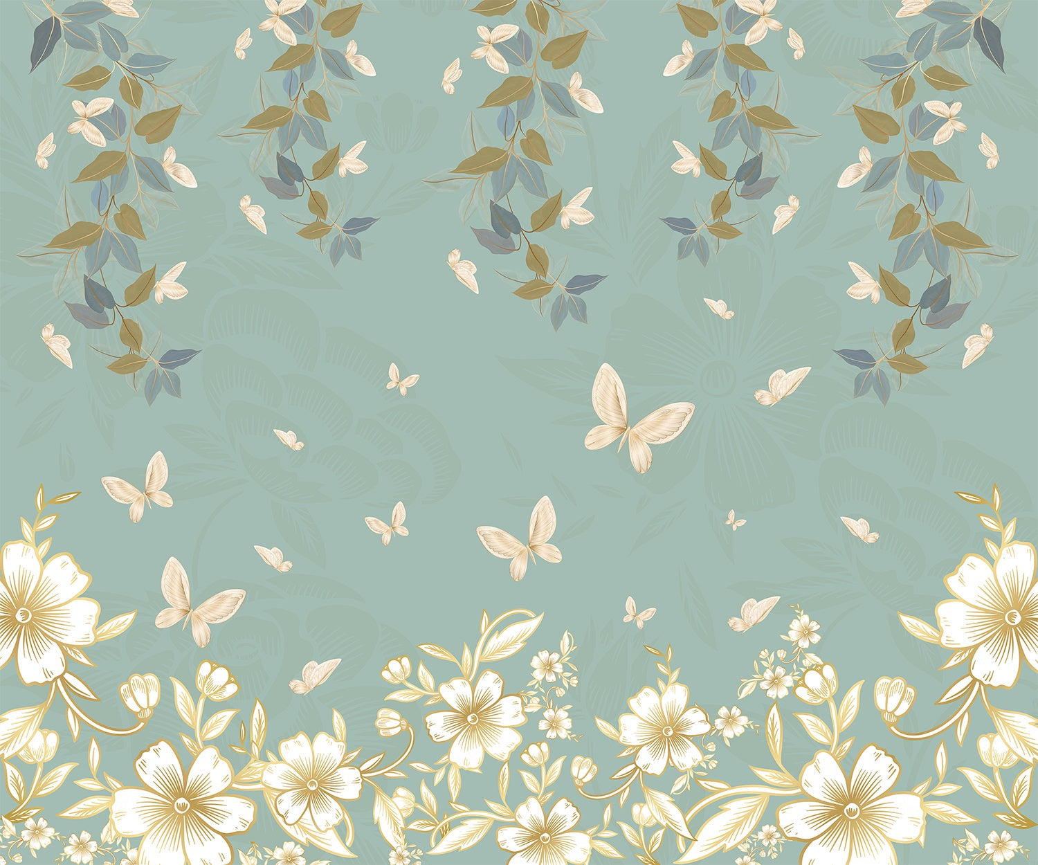 Butterfly garden flora design in lea - "flora" wallpaper mural-inequal final
