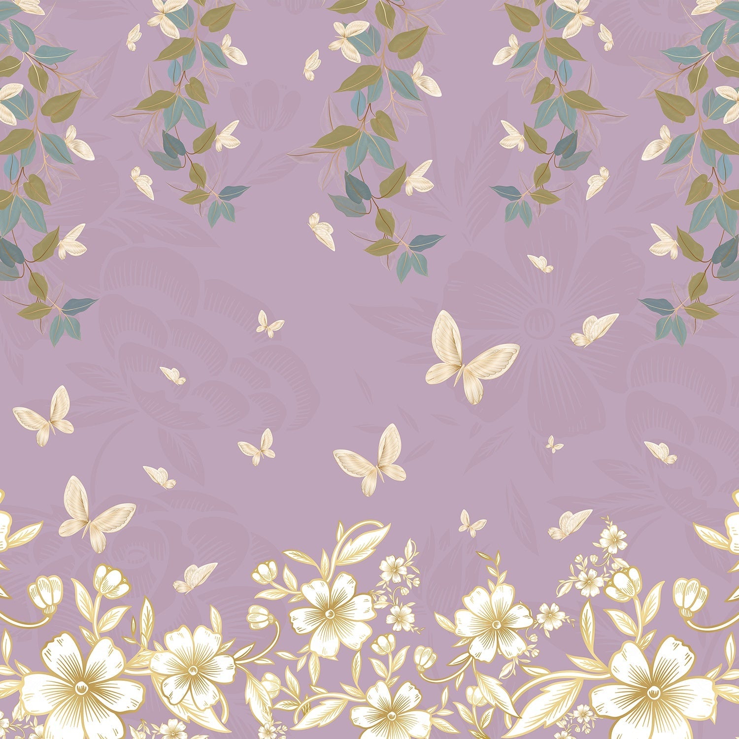 Delicate butterflies and leaves float across sage green wall in ethereal garden design - view 8 - final