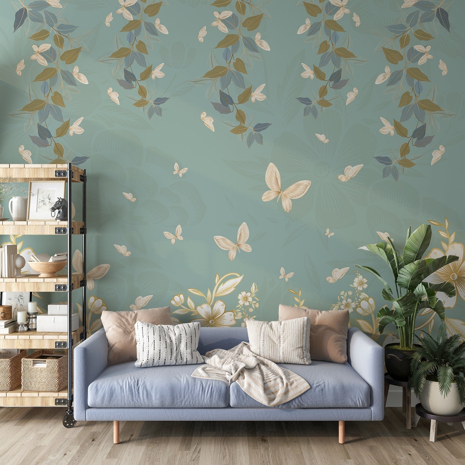 Delicate butterflies and leaves float across sage green wall in ethereal garden design - final living-room