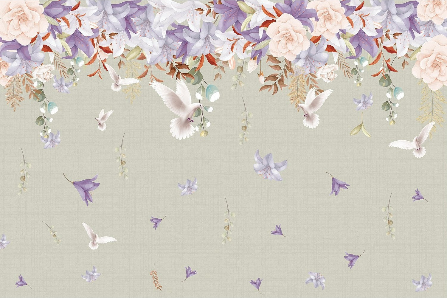 Dove and blossoms on lea - "flora" wallpaper mural-inequal final