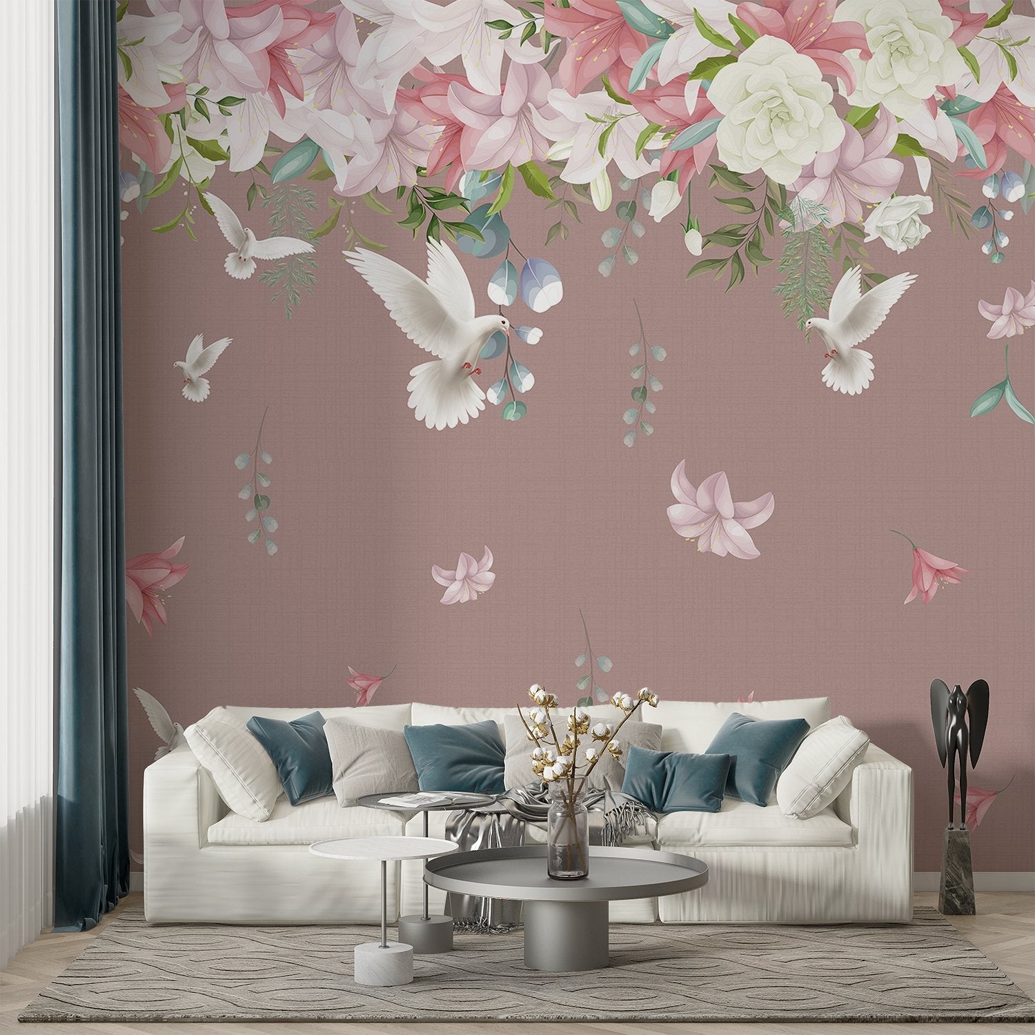 Graceful white doves and pink lilies floating on sage green background with falling petals - view 11 - final