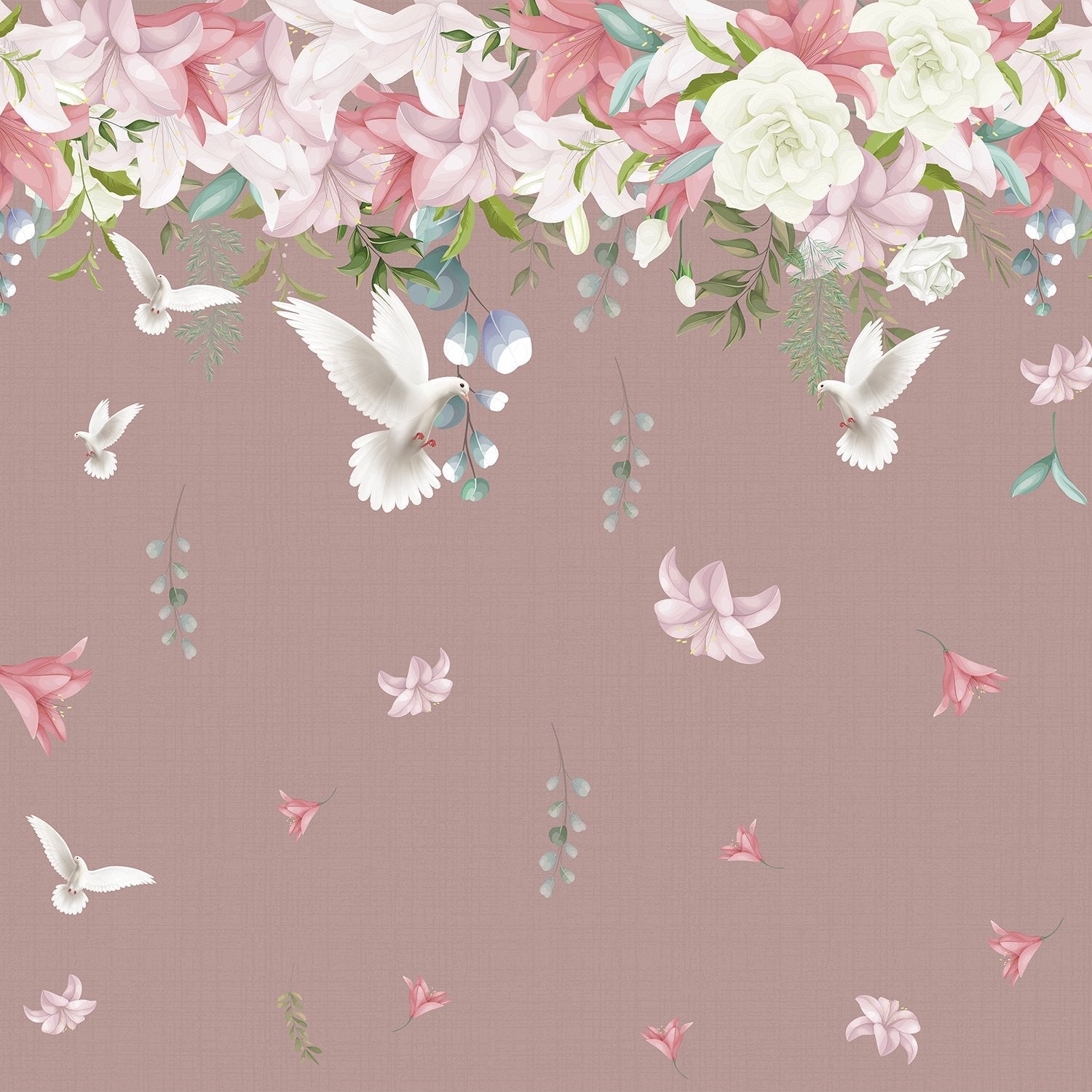 Graceful white doves and pink lilies floating on sage green background with falling petals - view 12 - final