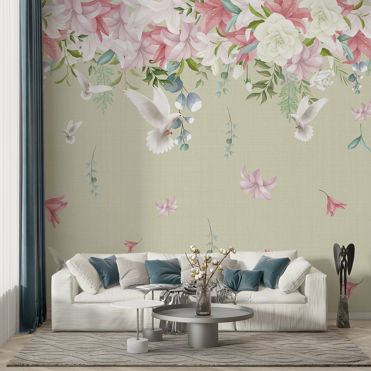 Graceful white doves and pink lilies floating on sage green background with falling petals - view 15 - final