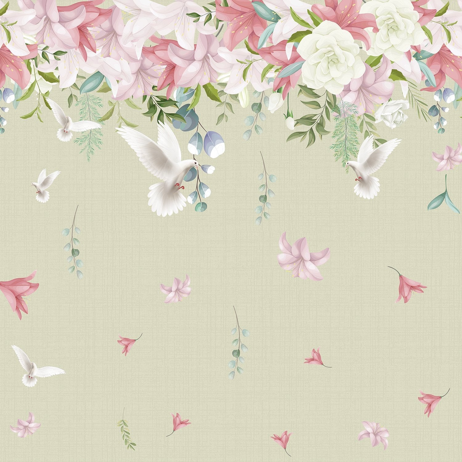 Graceful white doves and pink lilies floating on sage green background with falling petals - view 16 - final