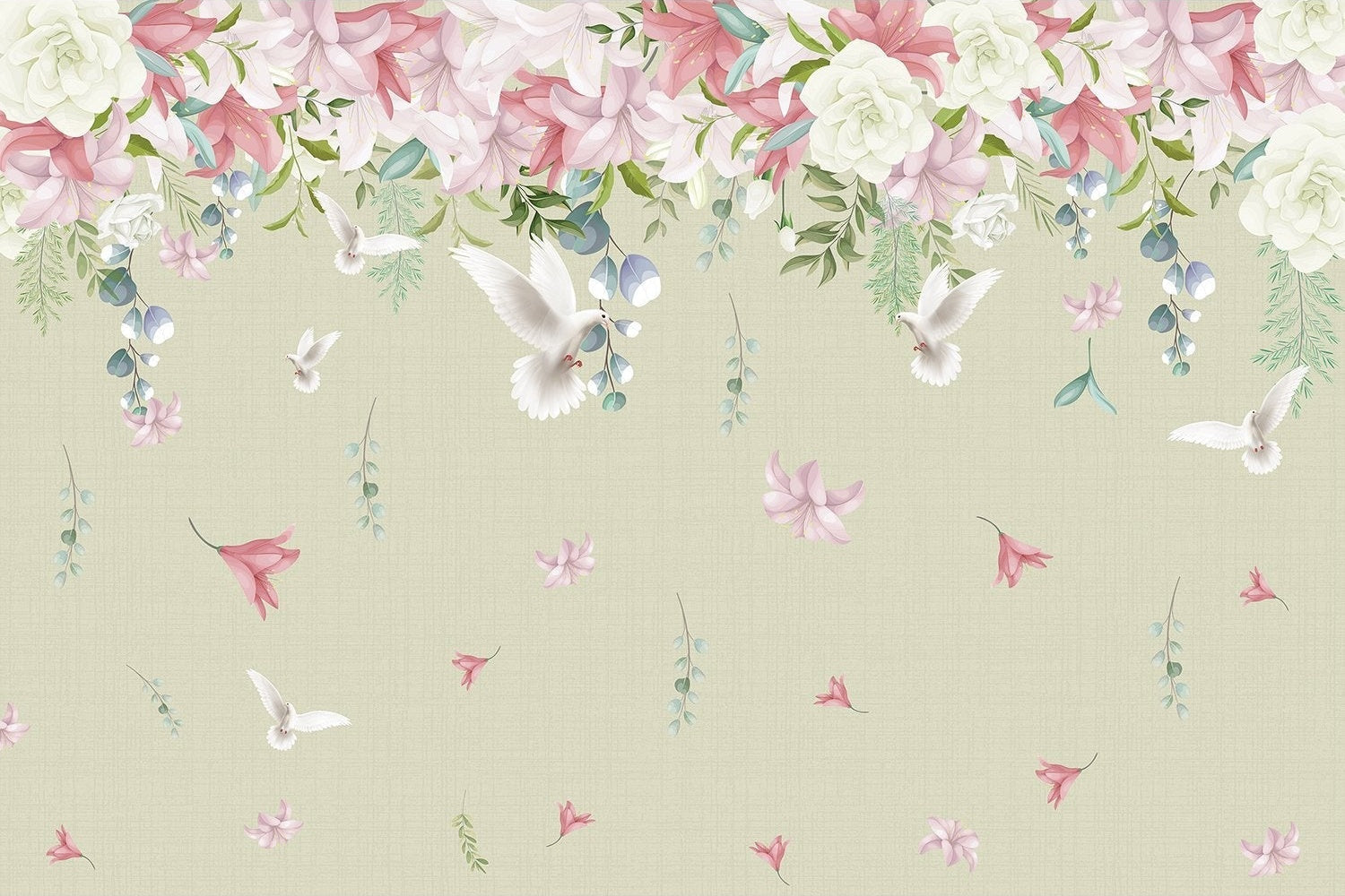 Dove and blossoms on lea - "flora" wallpaper mural-inequal final