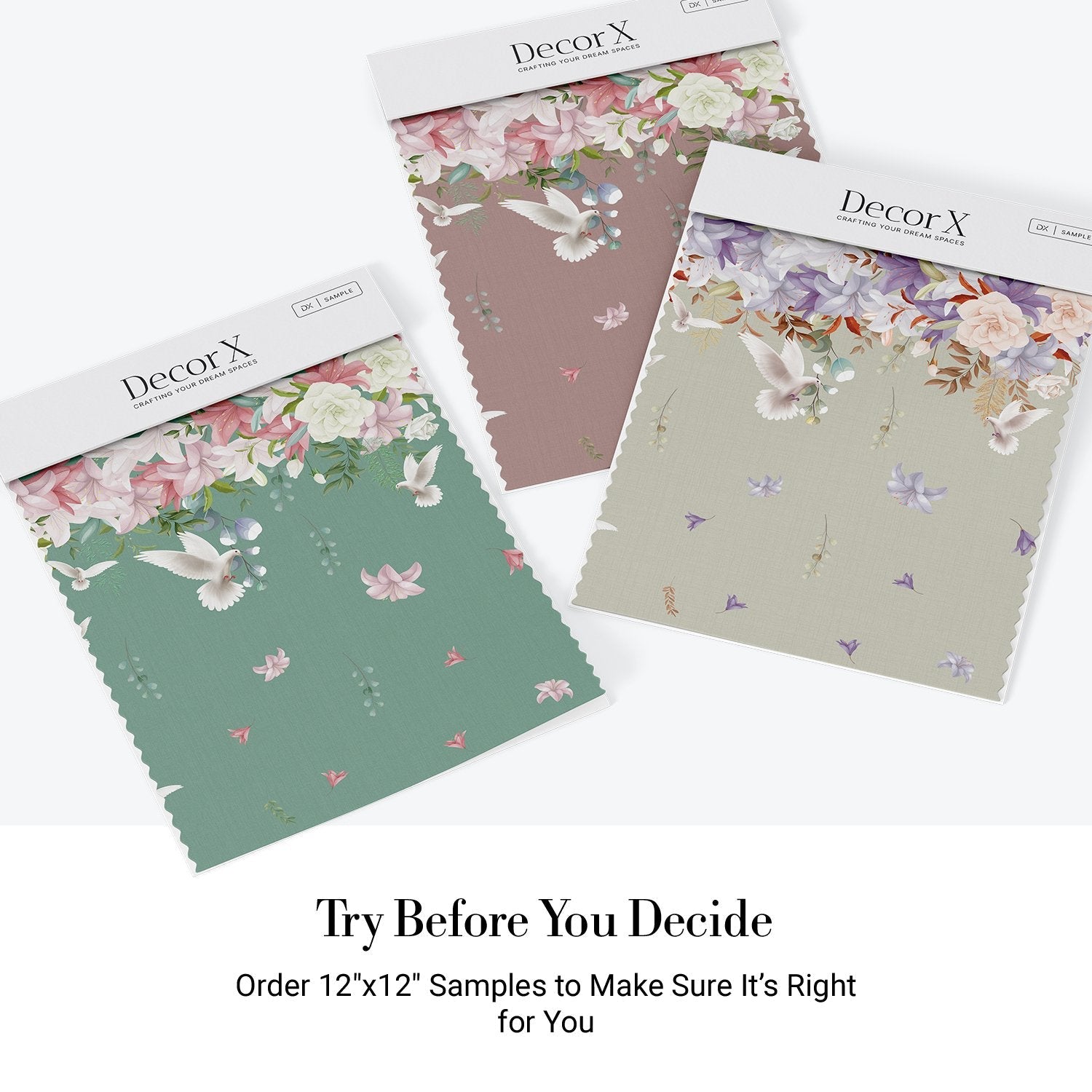 Graceful white doves and pink lilies floating on sage green background with falling petals - view 19 - final all-groups samples