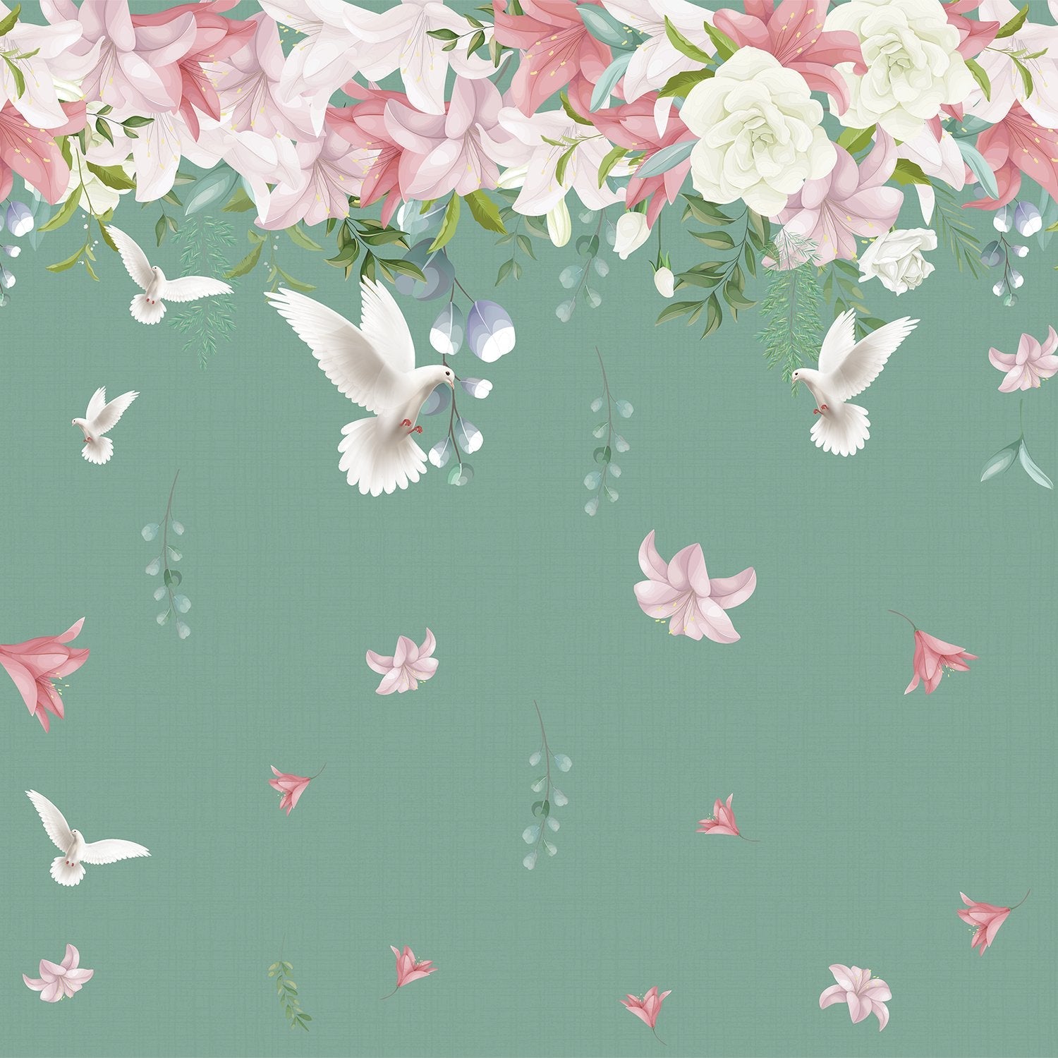 Graceful white doves and pink lilies floating on sage green background with falling petals - view 2 - final