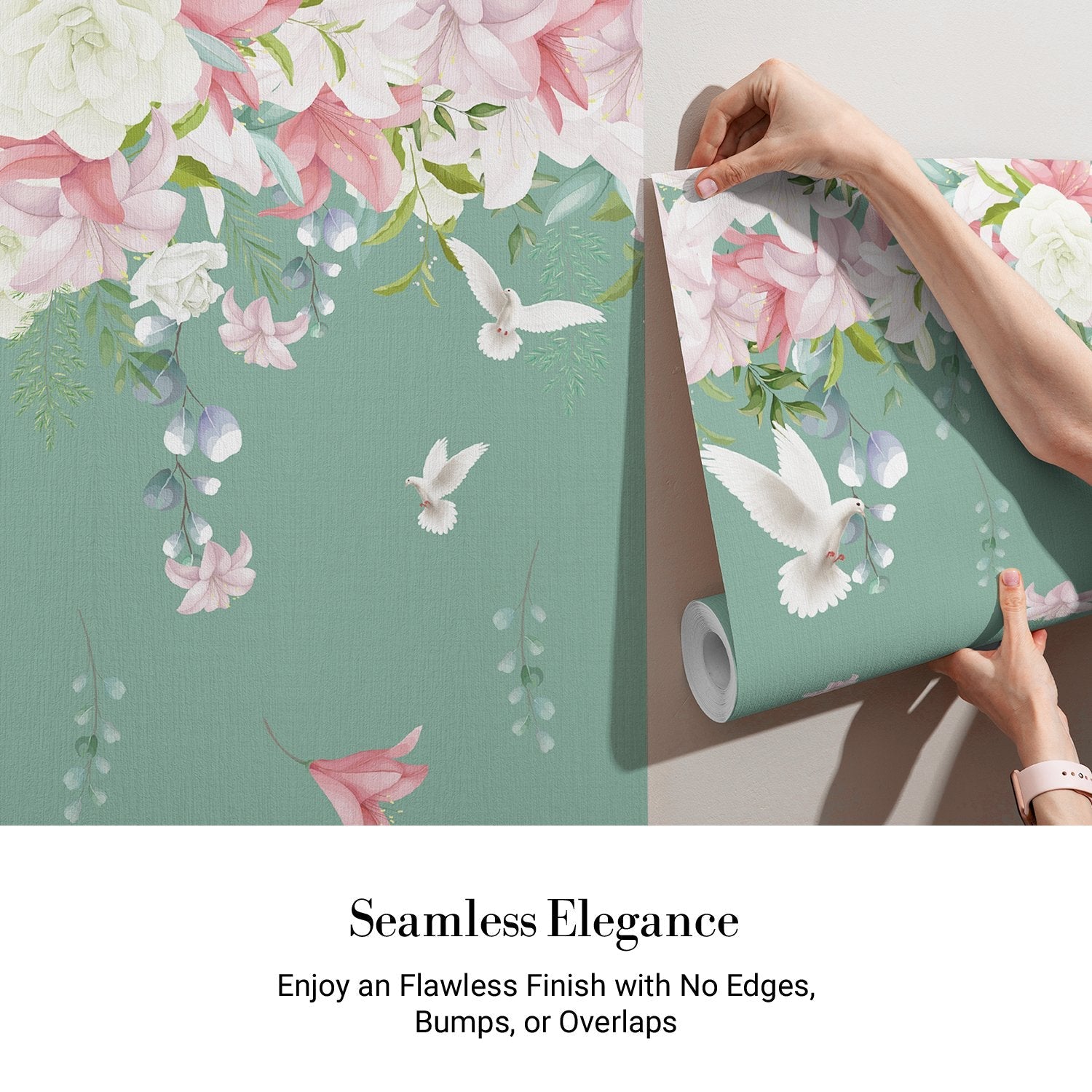 Graceful white doves and pink lilies floating on sage green background with falling petals - view 3 - final