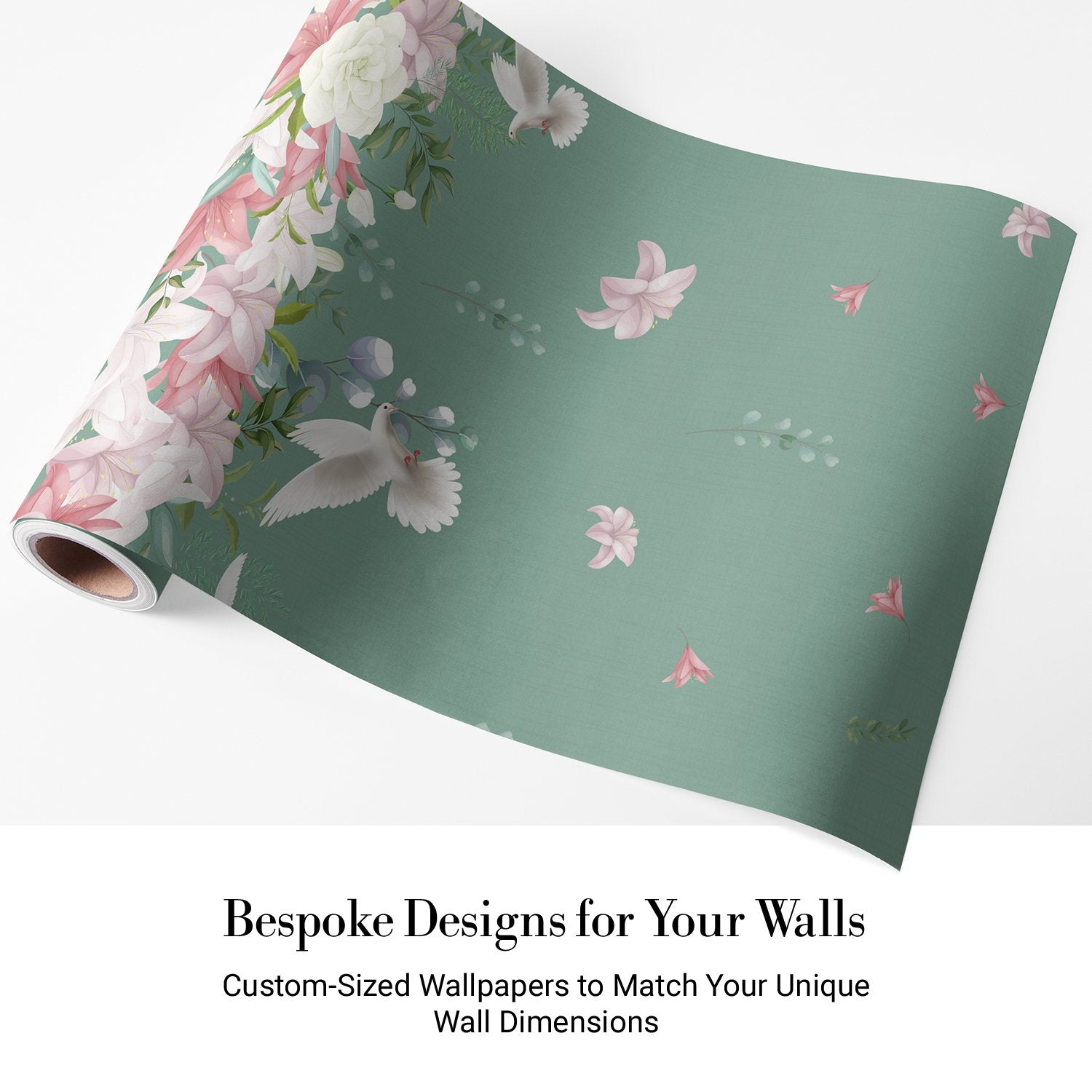 Graceful white doves and pink lilies floating on sage green background with falling petals - view 4 - final