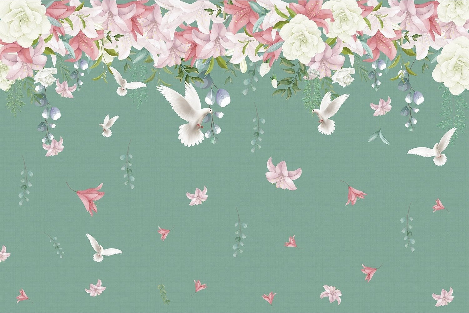 Dove and blossoms on lea - "flora" wallpaper mural-inequal final