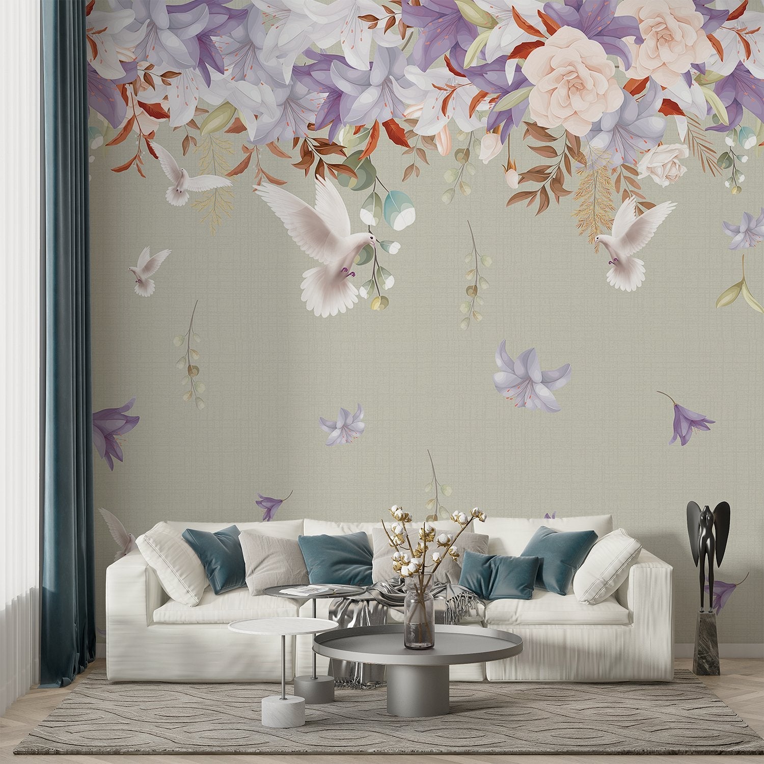 Graceful white doves and pink lilies floating on sage green background with falling petals - view 7 - final