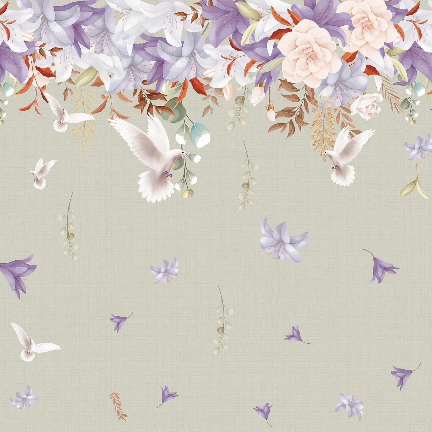 Graceful white doves and pink lilies floating on sage green background with falling petals - view 8 - final