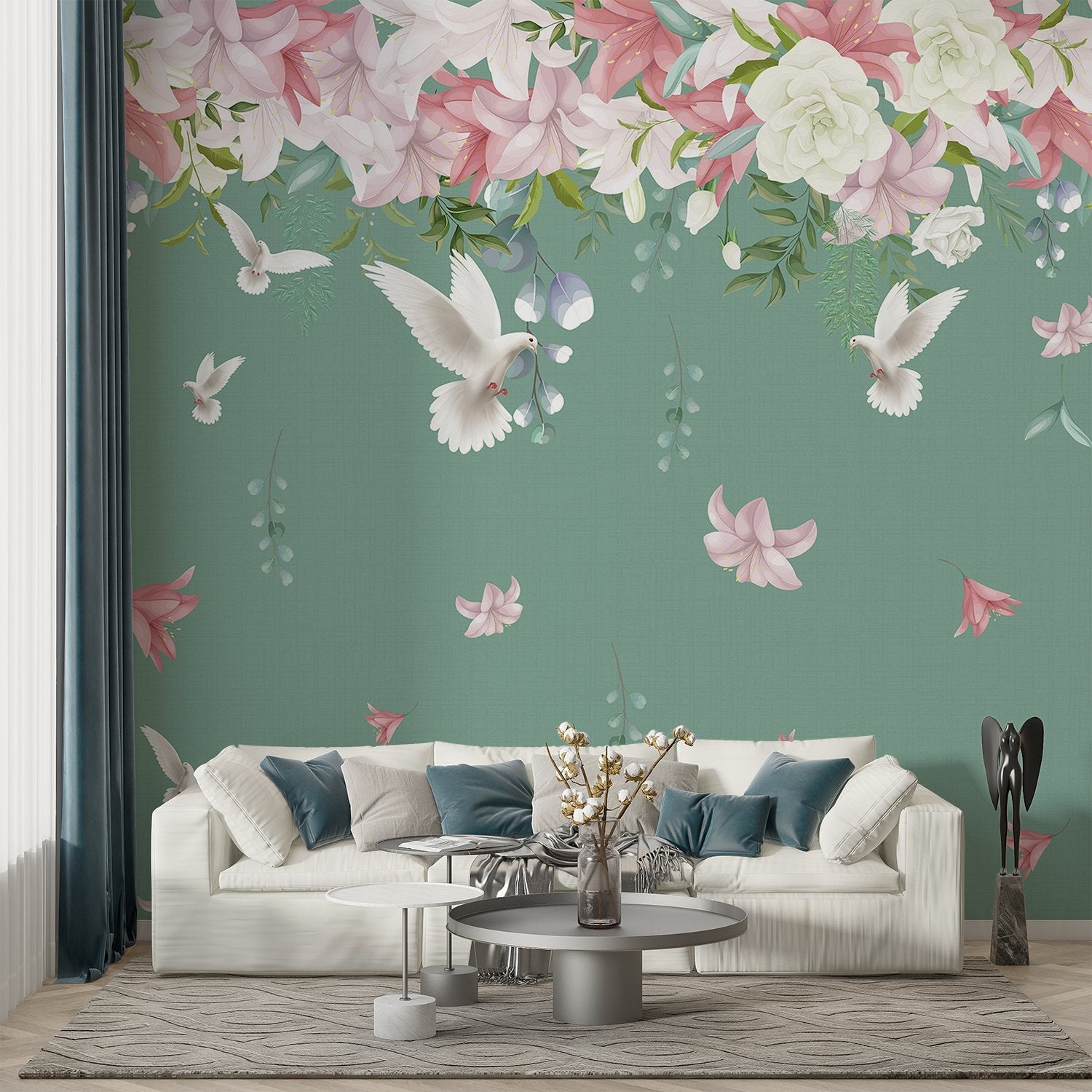 Graceful white doves and pink lilies floating on sage green background with falling petals - final living-room