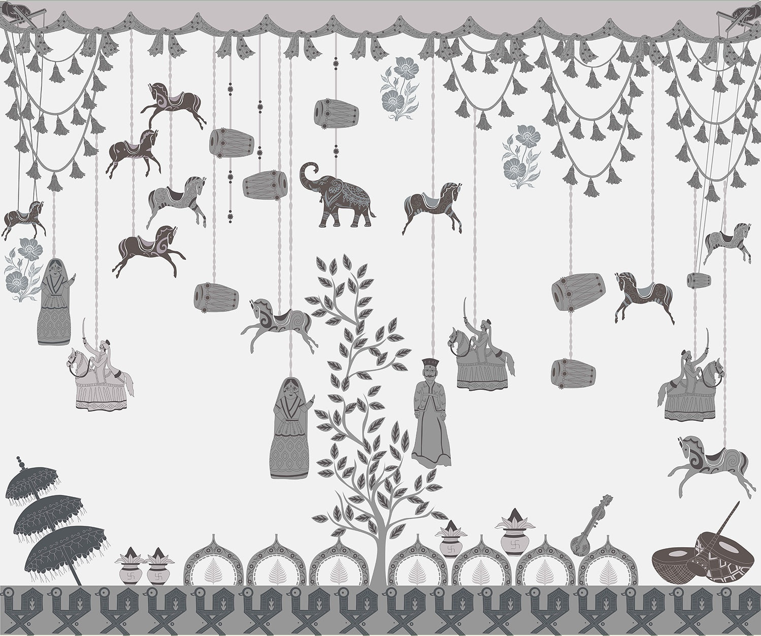 "Indian folk art design in lea - art wallpaper mural-inequal final"