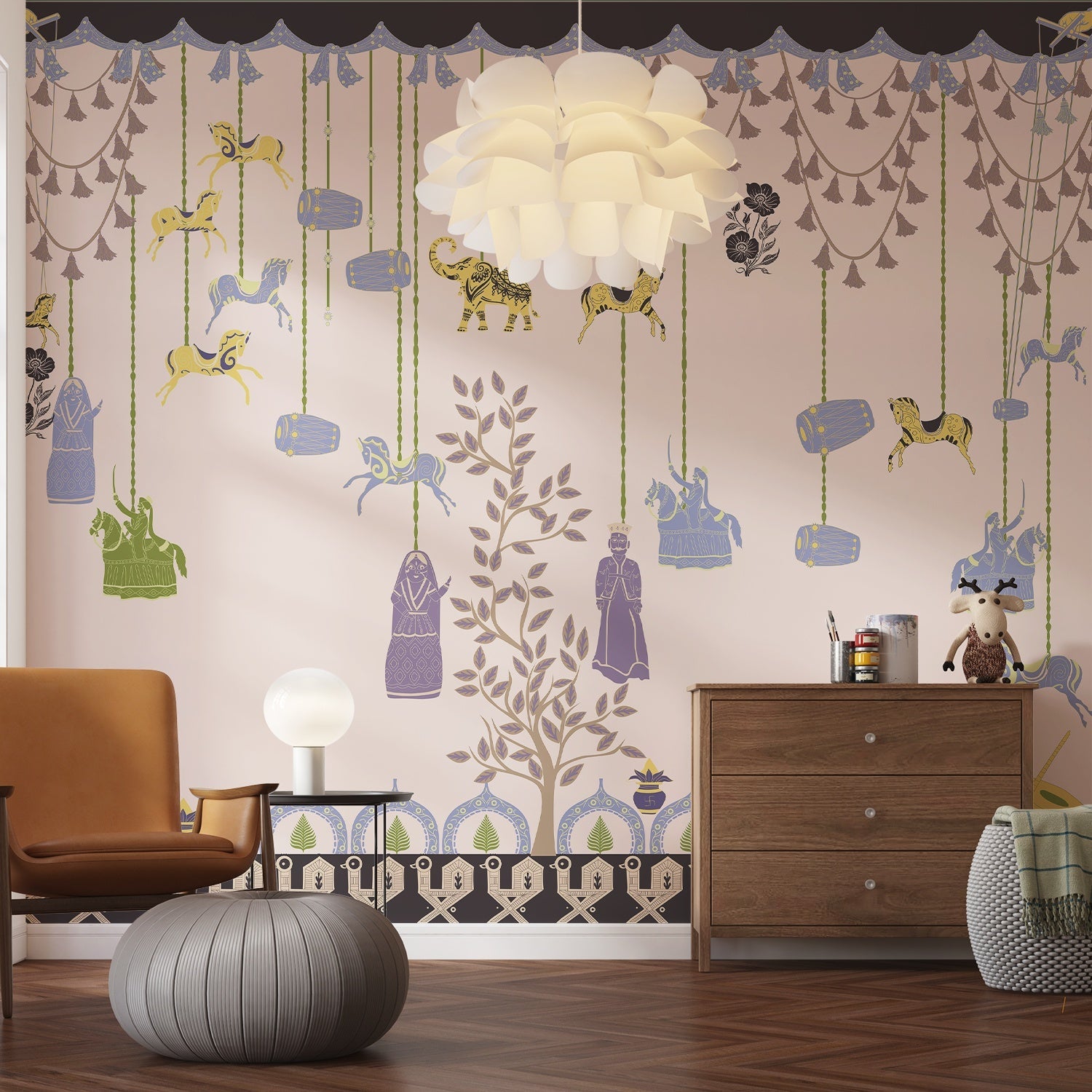 Whimsical hanging jars and carousel horses on sage green wall with delicate botanical details - view 11 - final