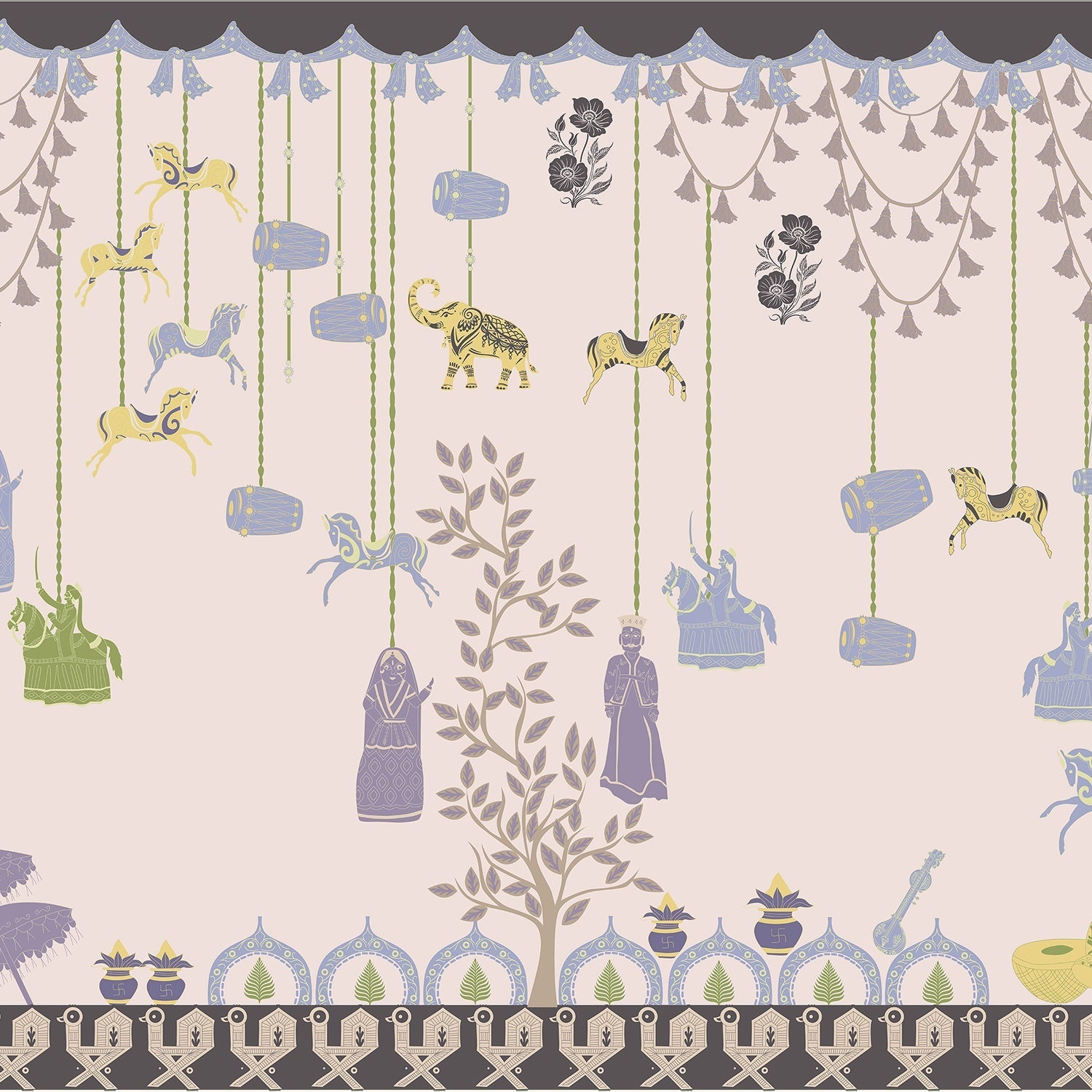 Whimsical hanging jars and carousel horses on sage green wall with delicate botanical details - view 12 - final