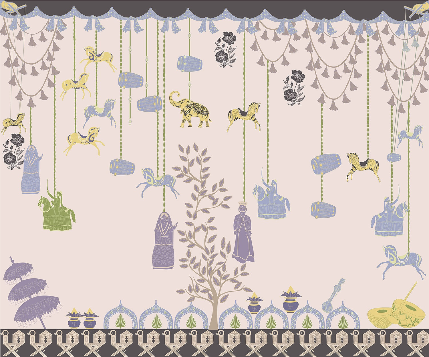 "Indian folk art design in lea - art wallpaper mural-inequal final"