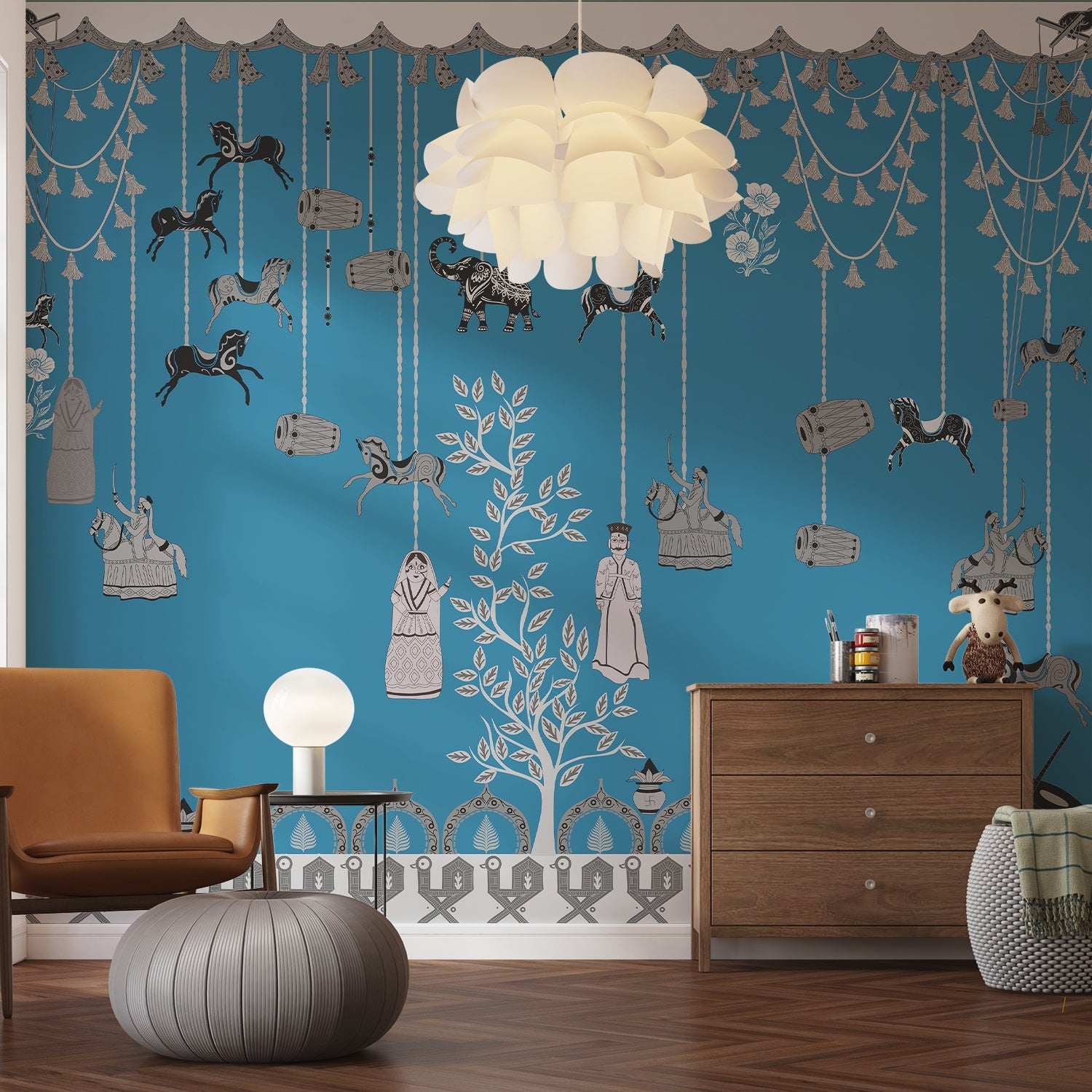 Whimsical hanging jars and carousel horses on sage green wall with delicate botanical details - view 15 - final