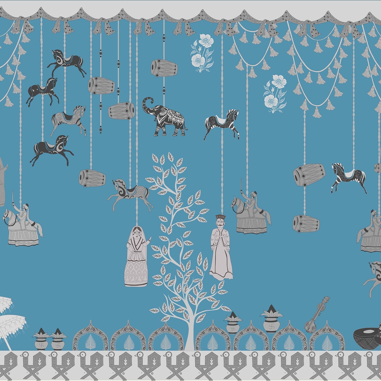 Whimsical hanging jars and carousel horses on sage green wall with delicate botanical details - view 16 - final