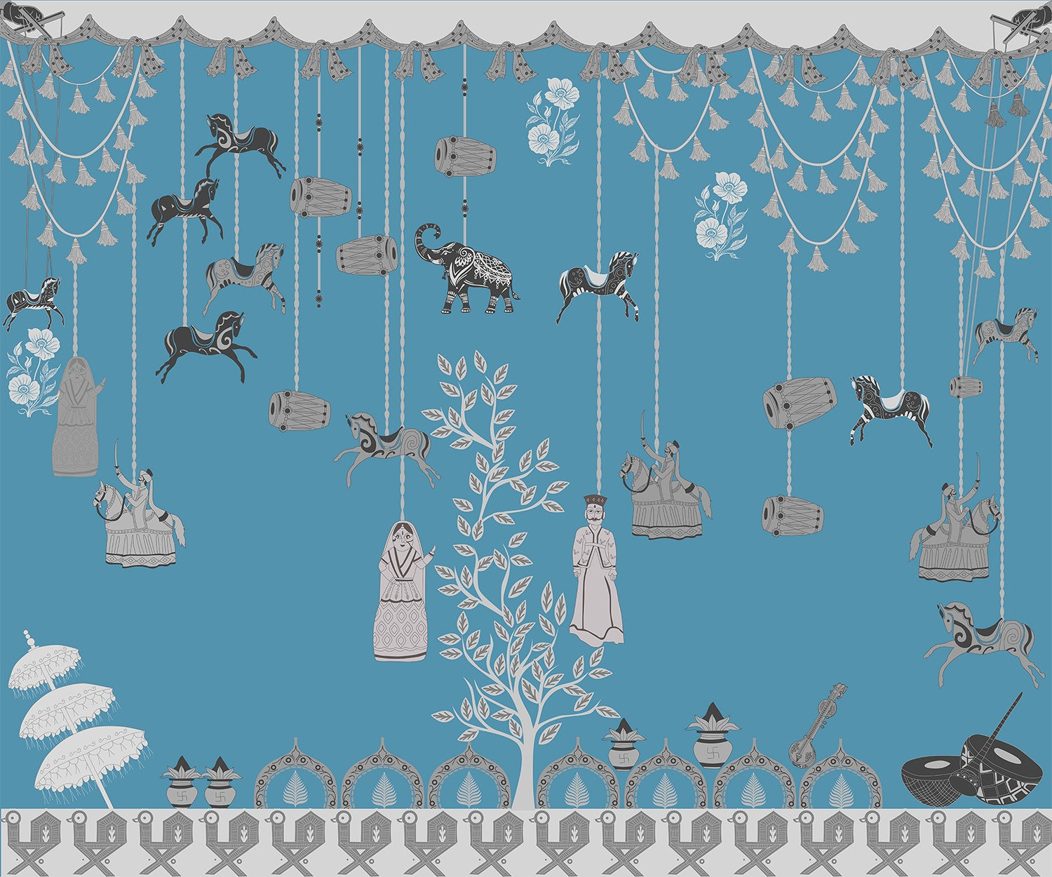 "Indian folk art design in lea - art wallpaper mural-inequal final"