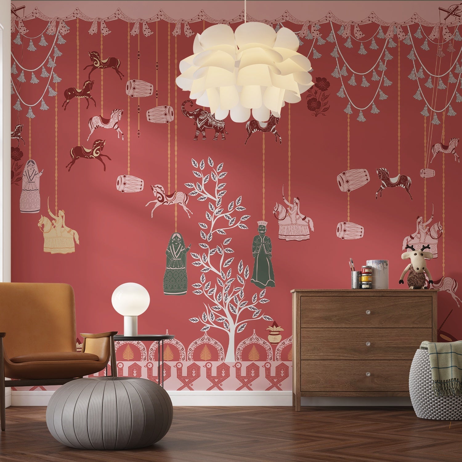 Whimsical hanging jars and carousel horses on sage green wall with delicate botanical details - view 19 - final