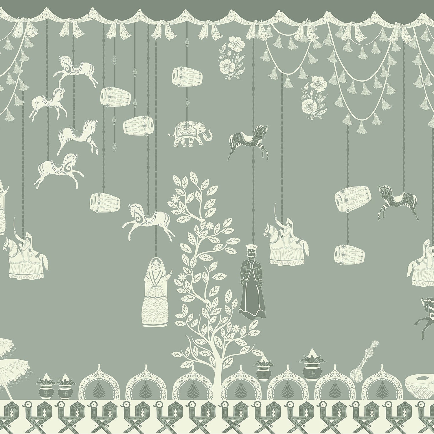 Whimsical hanging jars and carousel horses on sage green wall with delicate botanical details - view 2 - final
