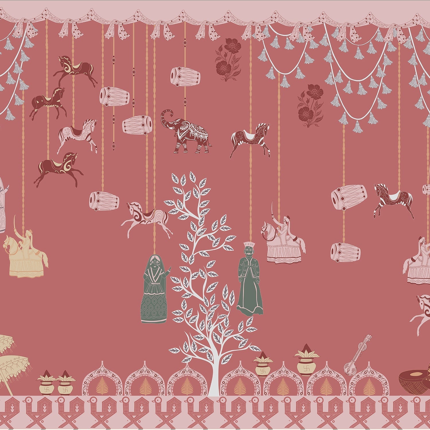 Whimsical hanging jars and carousel horses on sage green wall with delicate botanical details - view 20 - final