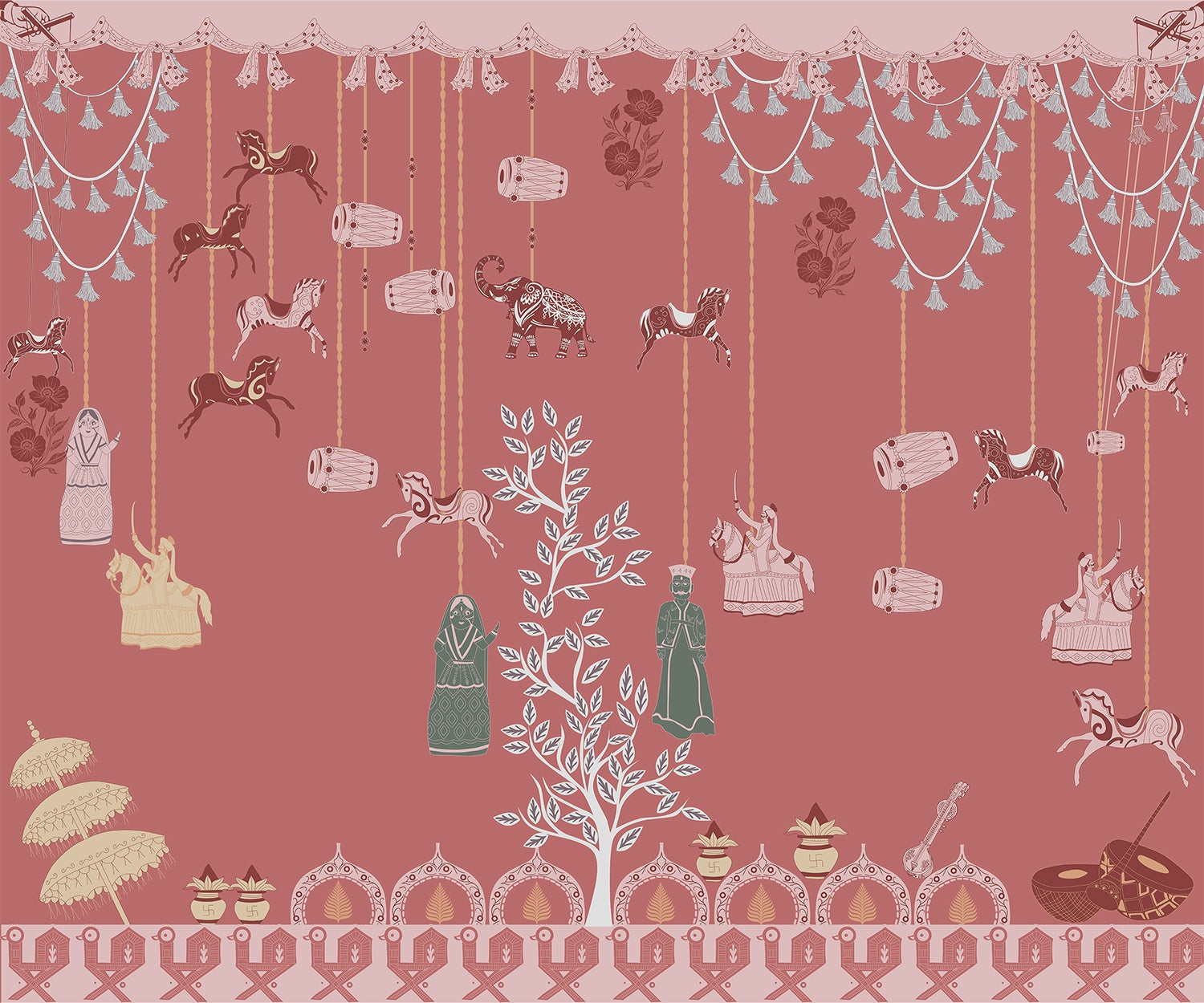 "Indian folk art design in lea - art wallpaper mural-inequal final"