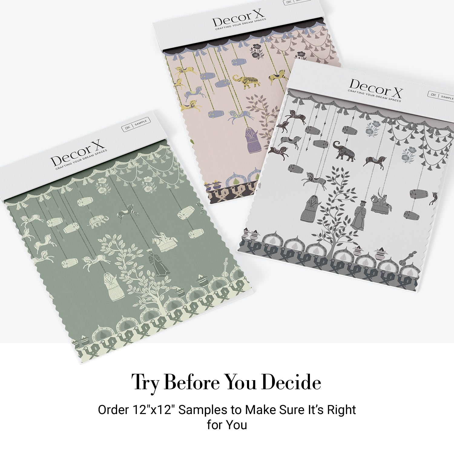 Whimsical hanging jars and carousel horses on sage green wall with delicate botanical details - view 23 - final all-groups samples