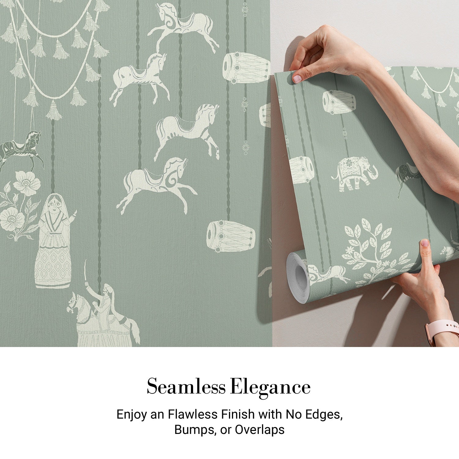 Whimsical hanging jars and carousel horses on sage green wall with delicate botanical details - view 3 - final