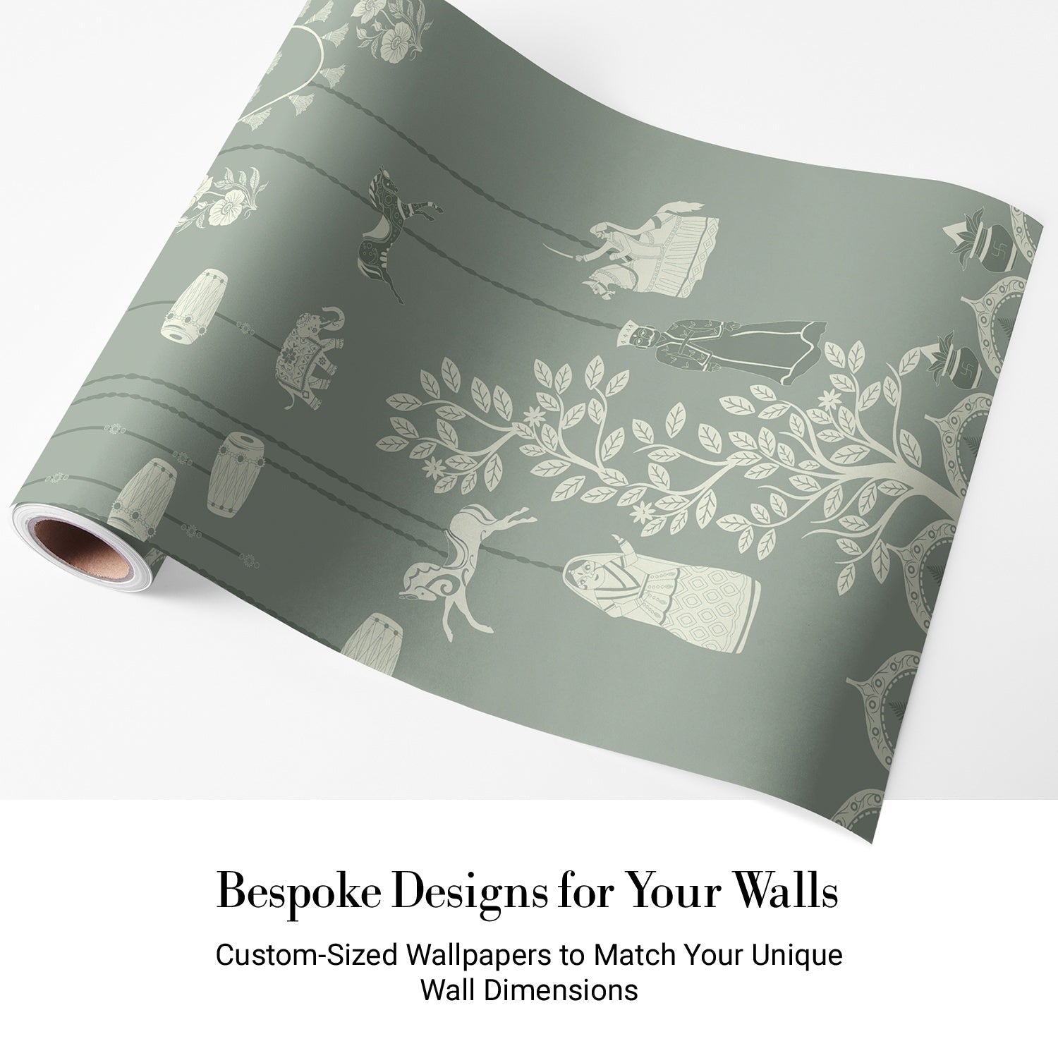 Whimsical hanging jars and carousel horses on sage green wall with delicate botanical details - view 4 - final