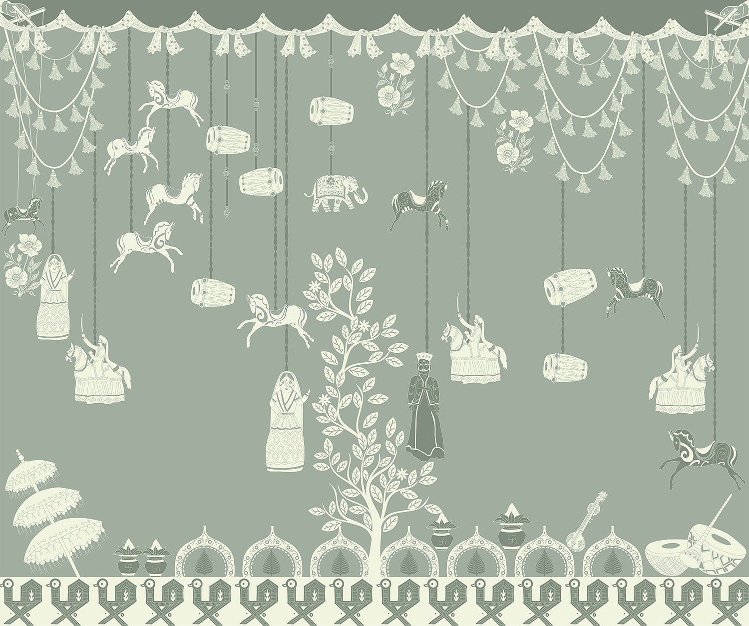 "Indian folk art design in lea - art wallpaper mural-inequal final"