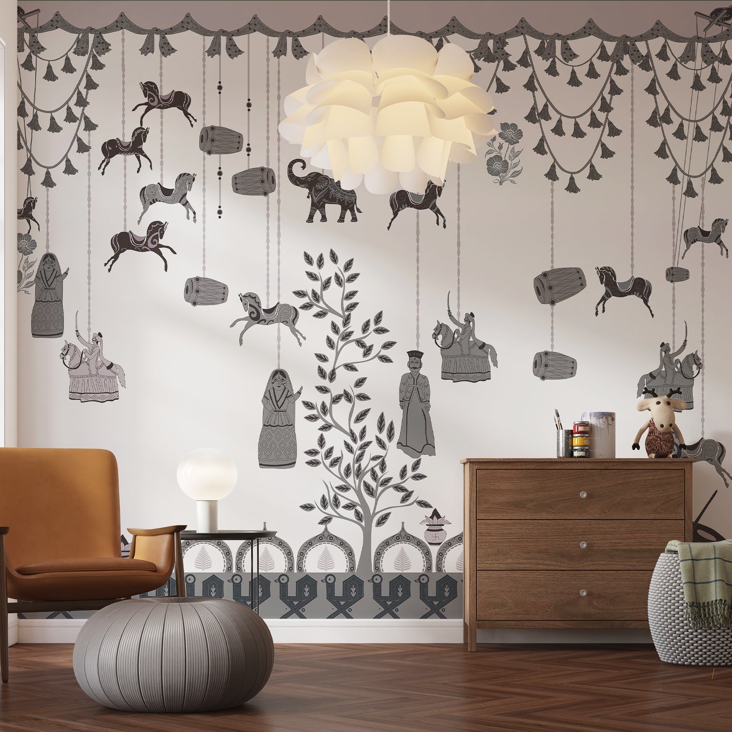 Whimsical hanging jars and carousel horses on sage green wall with delicate botanical details - view 7 - final