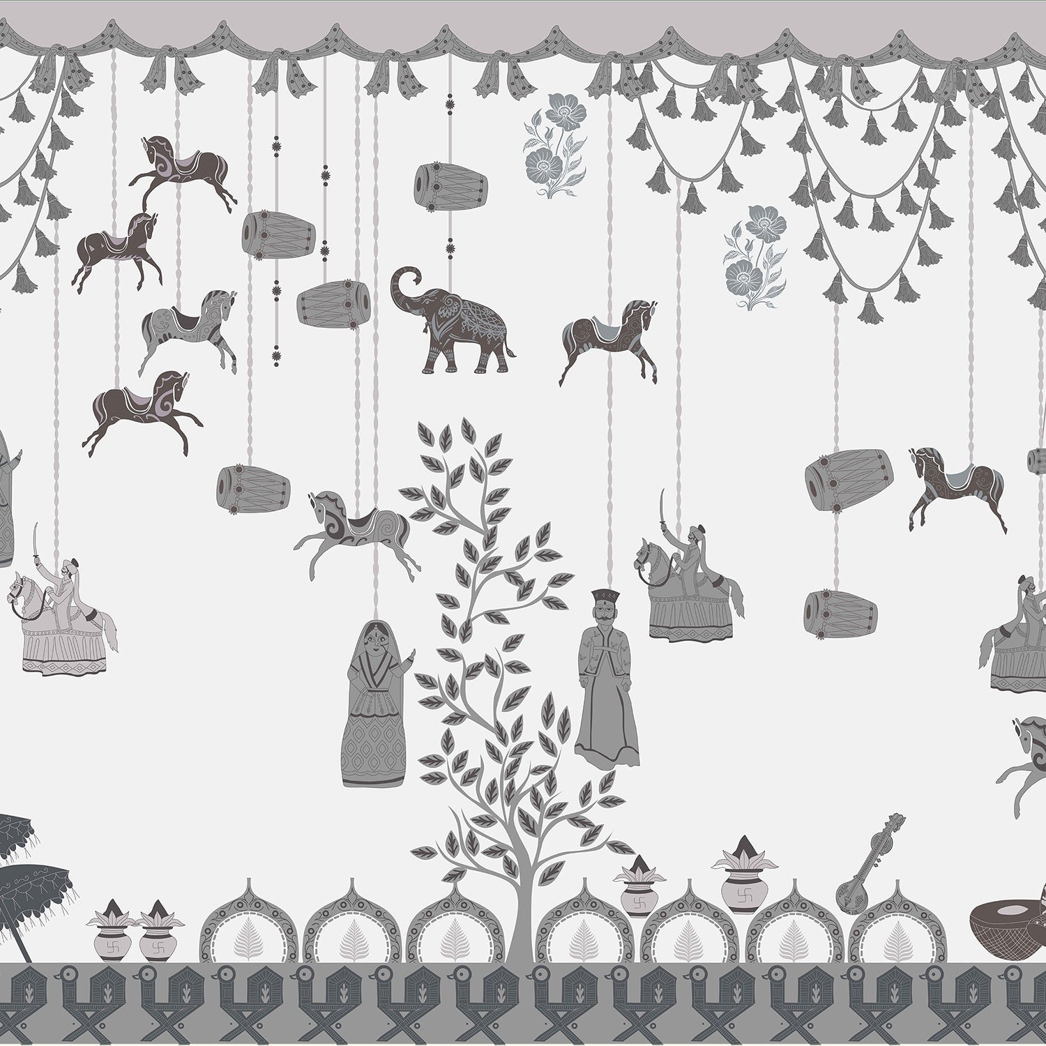 Whimsical hanging jars and carousel horses on sage green wall with delicate botanical details - view 8 - final