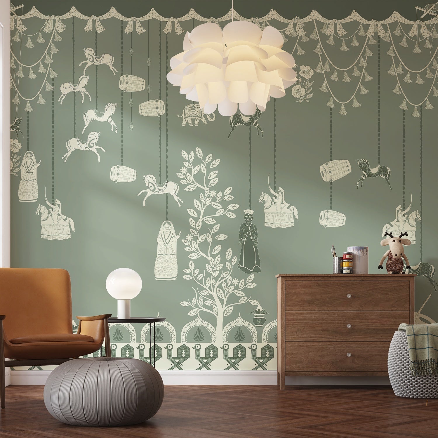 Whimsical hanging jars and carousel horses on sage green wall with delicate botanical details - final hobby-room