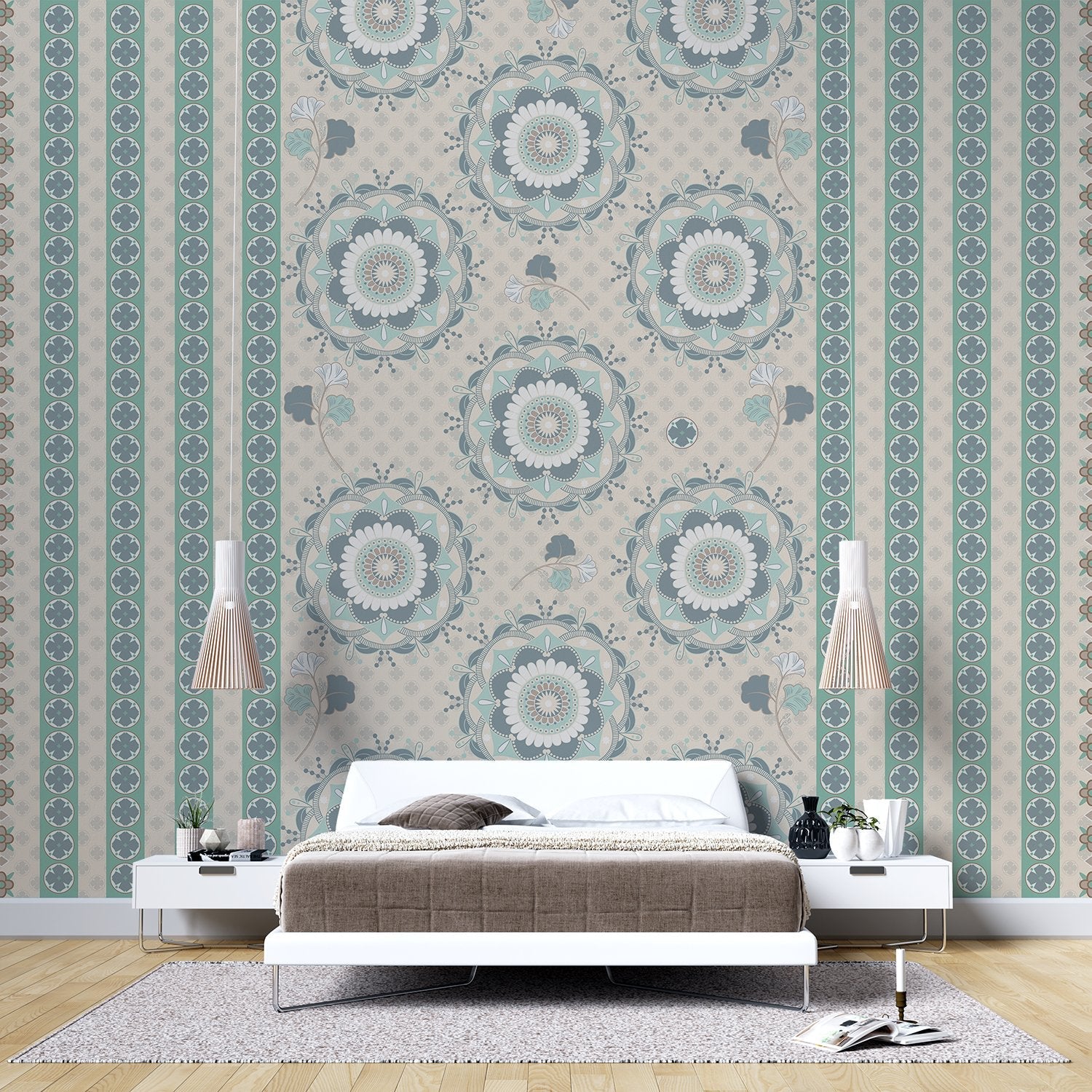 Soft sage green and beige circular medallions with delicate floral details on textured background - view 10 - final