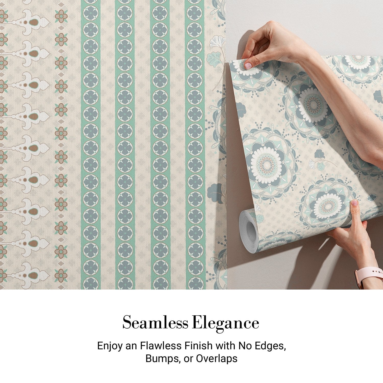 Soft sage green and beige circular medallions with delicate floral details on textured background - view 11 - final