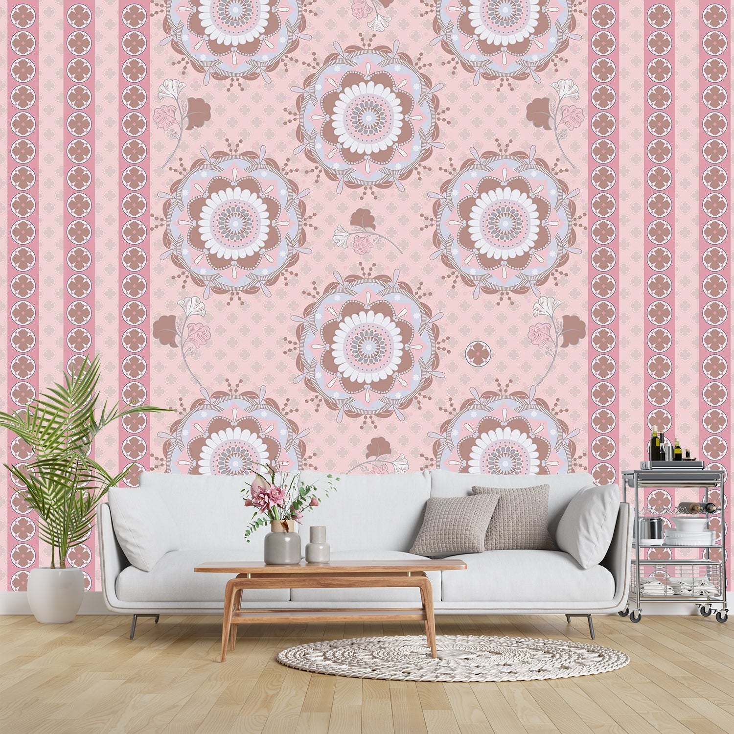 Soft sage green and beige circular medallions with delicate floral details on textured background - view 15 - final