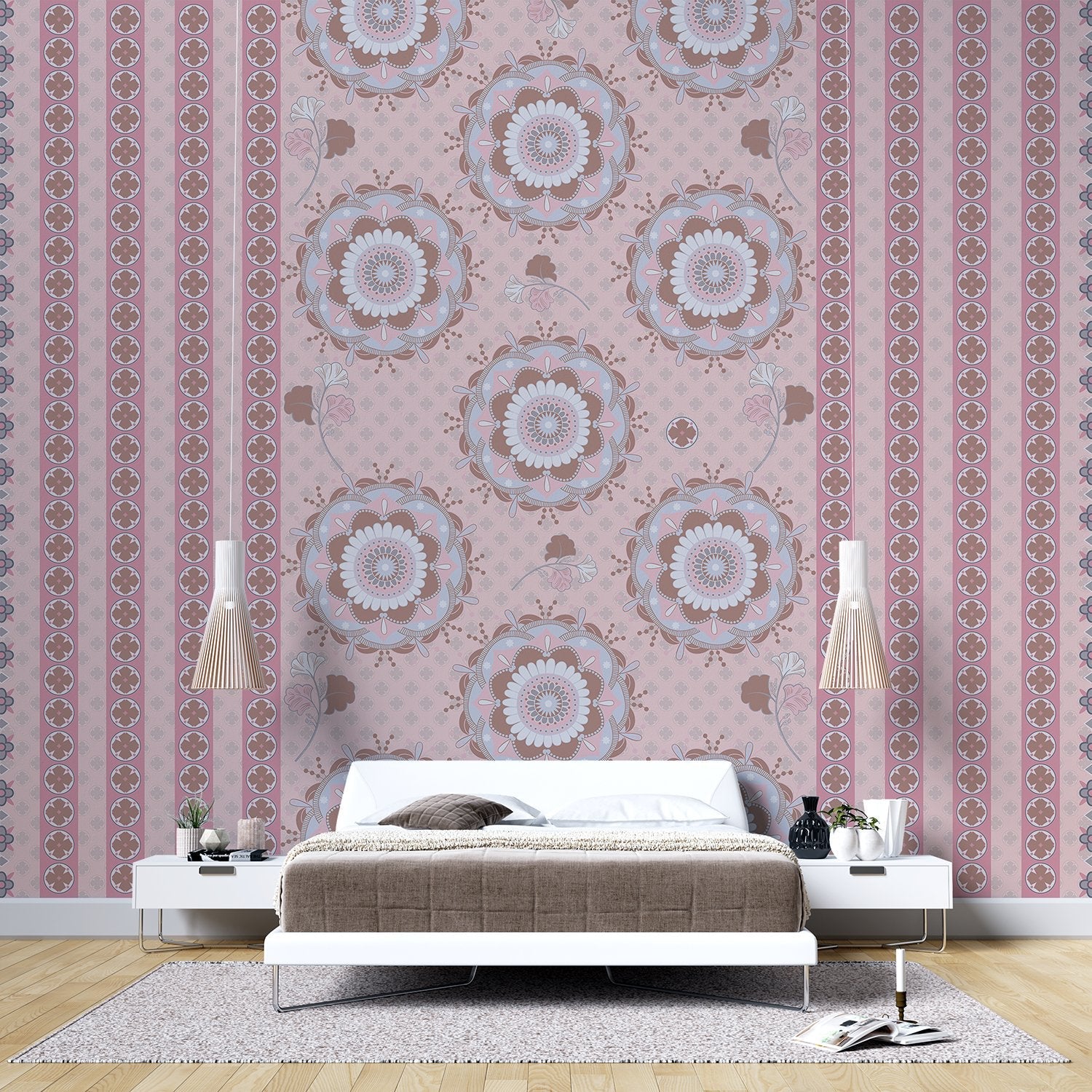 Soft sage green and beige circular medallions with delicate floral details on textured background - view 17 - final