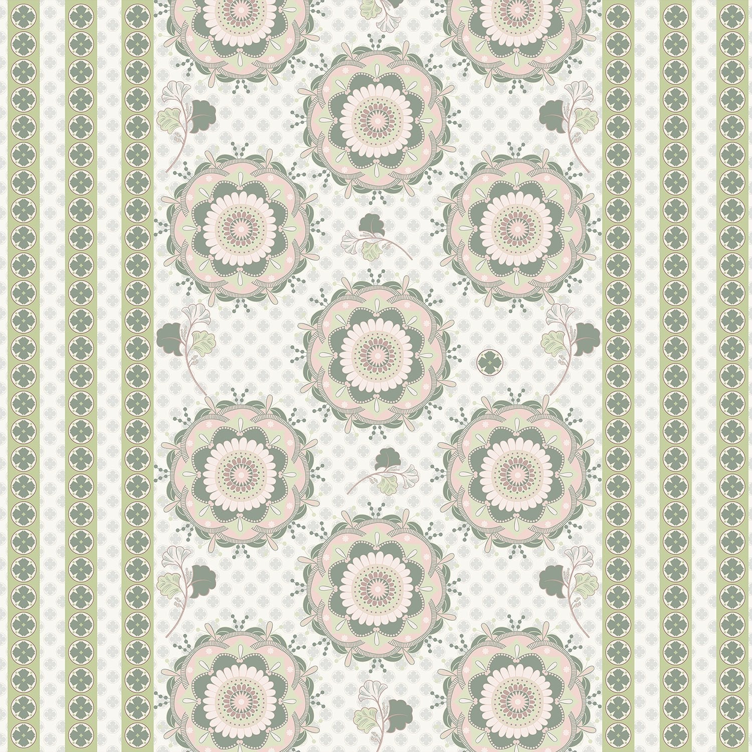 Soft sage green and beige circular medallions with delicate floral details on textured background - view 2 - final